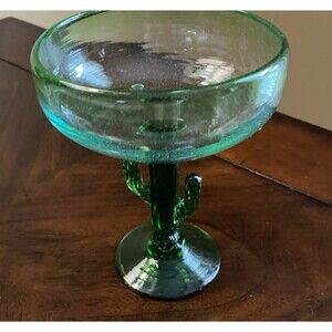 Vtg Hand Blown Margarita Green Glass Saguaro Cactus Stem 4.5" Rim ALL Green RARE